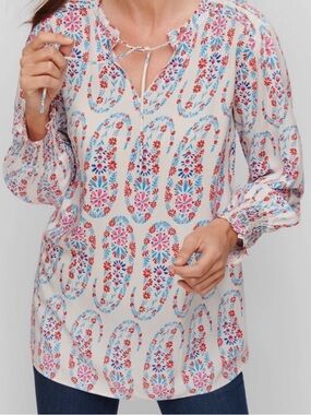 Talbots White Paisley Blouse Tie Neck Smocked Bishop Sleeve Blouse Top Sz LP